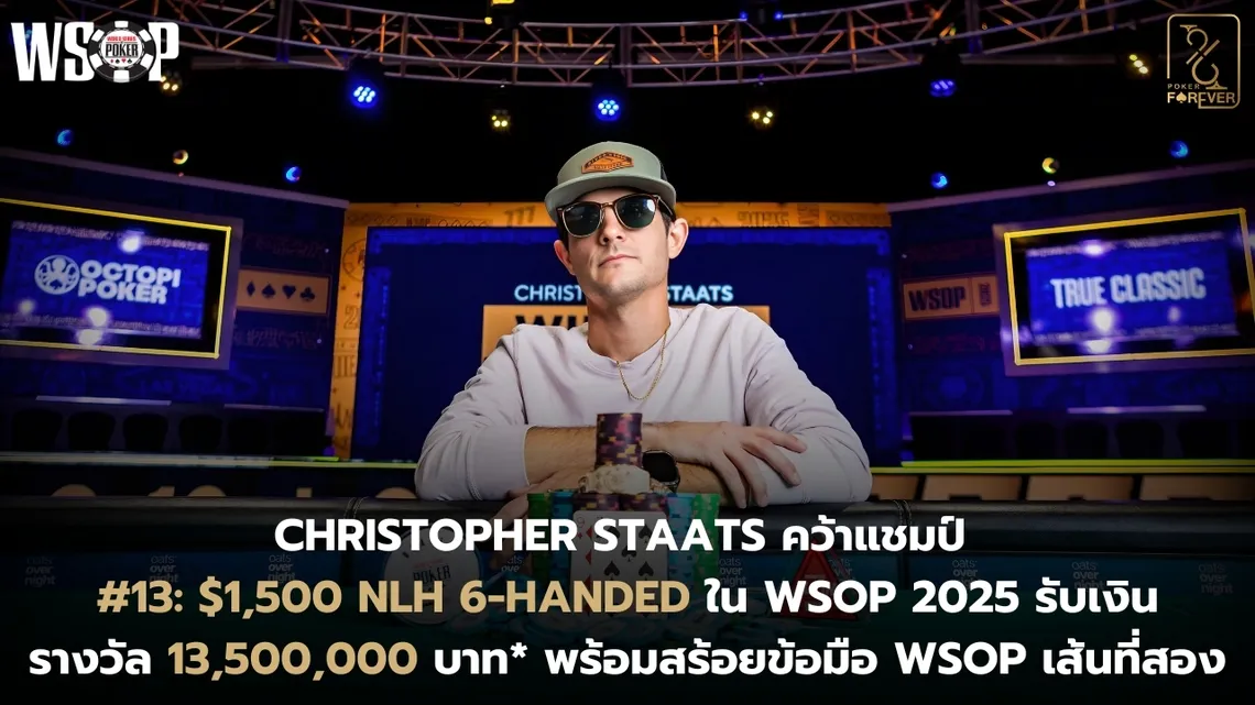 Christopher Staats คว้าแชมป์ #13: $1,500 NLH 6-Handed ใน WSOP 2025 รับเงินรางวัล 13,500,000 บาท*