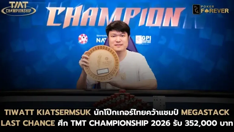 Tiwatt Kiatsermsuk นักโป๊กเกอร์ไทยคว้าแชมป์ MegaStack Last Chance ศึก TMT Championship 2026 รับ 352,000 บาท